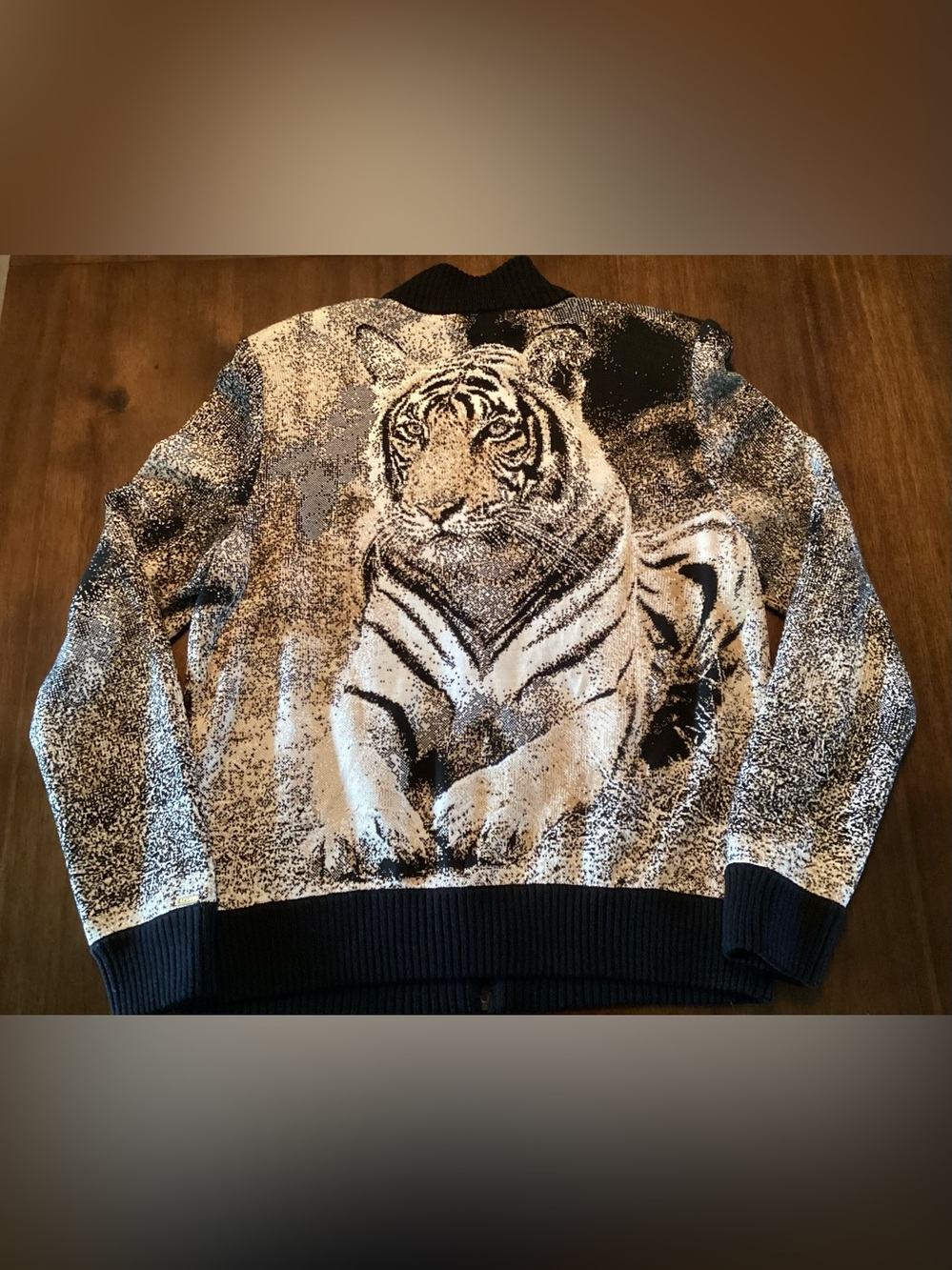 St. John Sport by Marie Gray Black and Cream Tiger Jacquard Crewneck Sweater